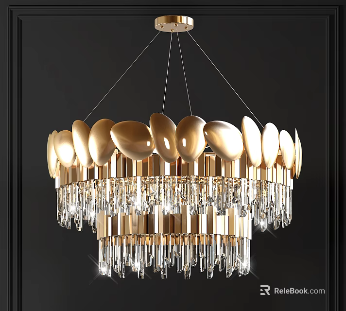 Elegant Modern Crystal Chandelier With Golden Petal Shades And Hanging Crystal Pendants 3d model 