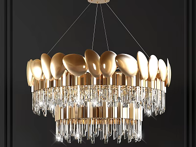 Elegant Modern Crystal Chandelier With Golden Petal Shades And Hanging Crystal Pendants 3d model