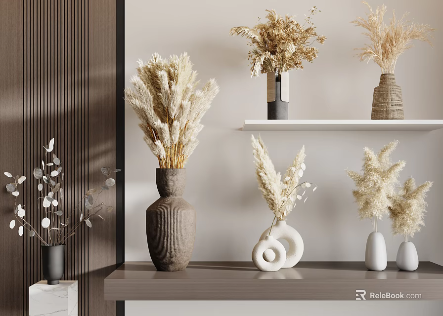 Decorative Vases with Dried Flowers Showcasing Textured Ceramic and Spiral Shaped Designs on Shelves 3d model 