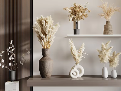 Decorative Vases with Dried Flowers Showcasing Textured Ceramic and Spiral Shaped Designs on Shelves 3d model
