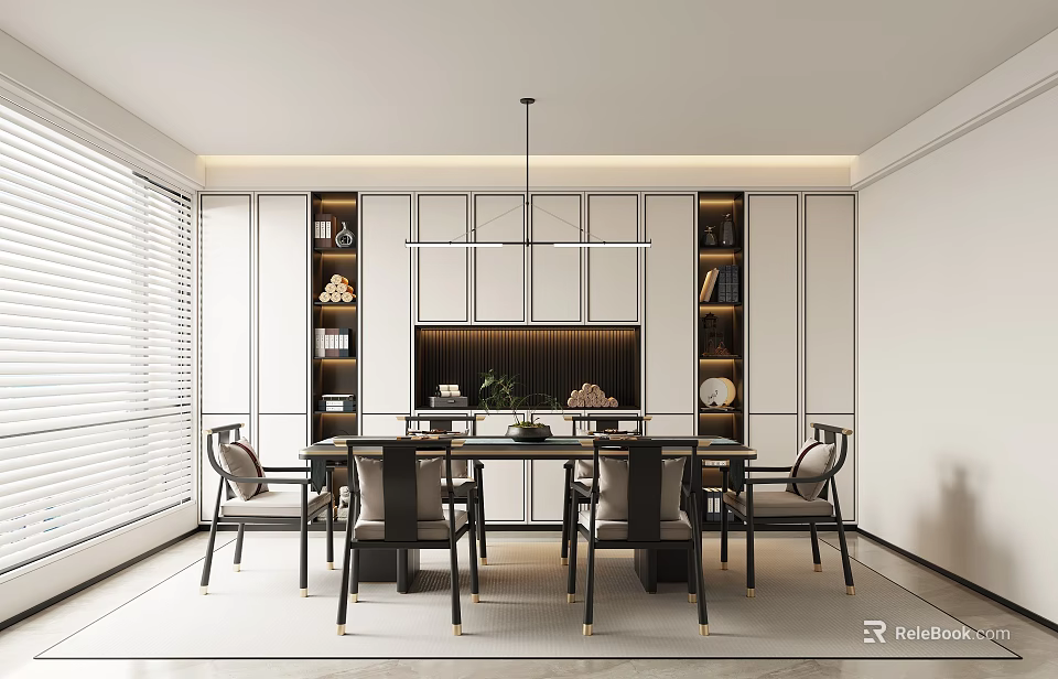 Elegant Modern Restaurant Interior Design With Dining Table Chairs And Wall Cabinets 3d model