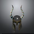 Ancient Warrior Helmet with Turquoise Inlaid Horns Blue Top and Golden Details