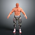 Muscular Build Bald Game Movie Character With Shirtless Torso Abs Cybernetic Pants Red White Shoes