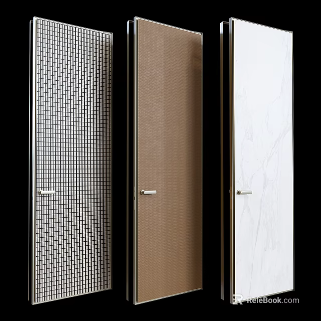 Contemporary Flush Doors With Grid Pattern Matte Brown And Marble Texture Silver Handles 3d model 