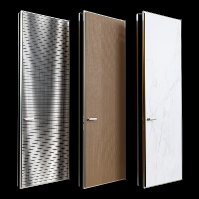 Contemporary Flush Doors With Grid Pattern Matte Brown And Marble Texture Silver Handles 3d model