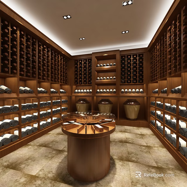 Elegant Wine Cellar Interior Design With Wooden Wine Racks Arranged Bottles And Central Round Table 3d model 