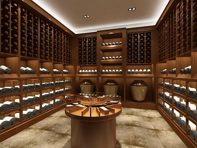 Elegant Wine Cellar Interior Design With Wooden Wine Racks Arranged Bottles And Central Round Table 3d model