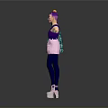 Vibrant Fashionable Woman In Purple Top Pink Skirt And Blue Sheer Sleeves With Futuristic Headpiece