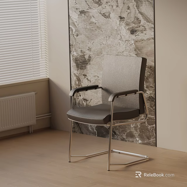 Modern Gray Office Chair With Metal Frame And Leather Seat By Marble Wall And Window 3d model 