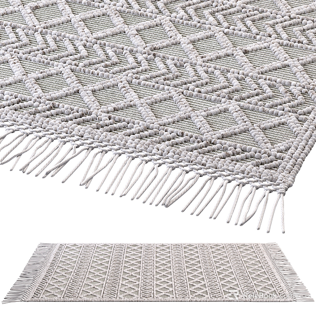 Stylish Square Area Rug With Handwoven Geometric Pattern Cream Color Tassel Edges 3d model 