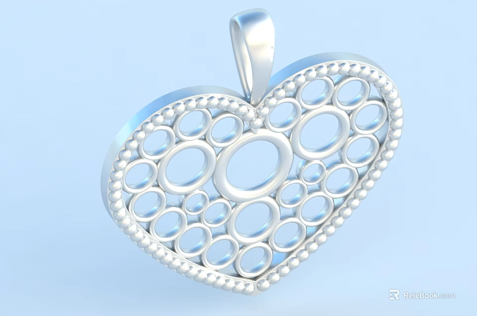 Elegant Silver Heart Pendant Jewelry with Hollow Circle Design and Edge Bead Accents 3d model 
