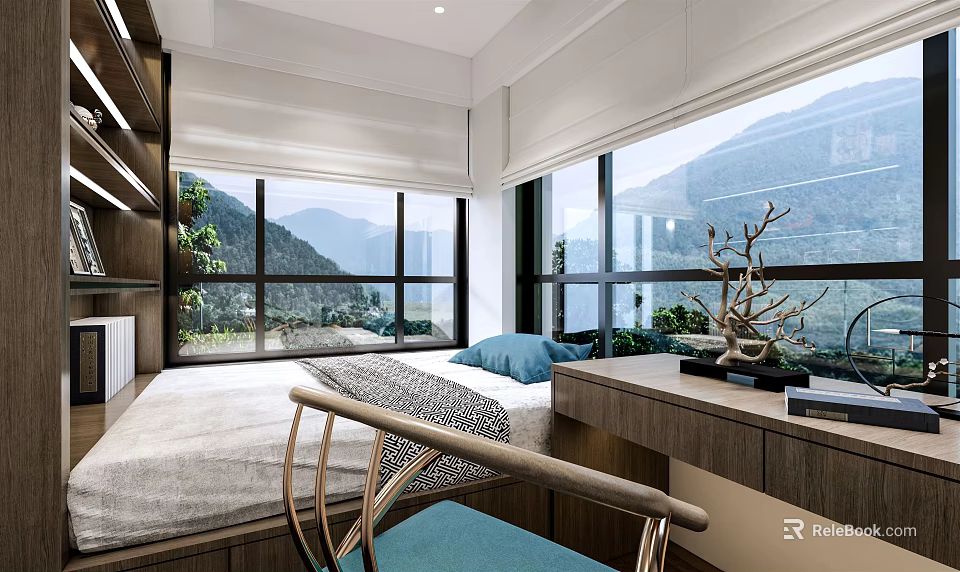 Cozy Tatami Bedroom Interior With Wooden Storage Platform And Large Scenic Mountain Windows 3d model 