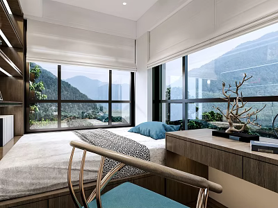 Cozy Tatami Bedroom Interior With Wooden Storage Platform And Large Scenic Mountain Windows 3d model