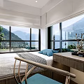 Cozy Tatami Bedroom Interior With Wooden Storage Platform And Large Scenic Mountain Windows