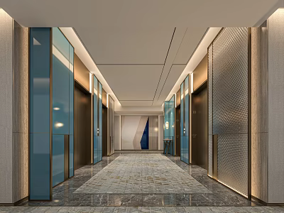 Modern Elevator Hallway Design With Glass Doors Recessed Lighting And Marble Floor 3d model