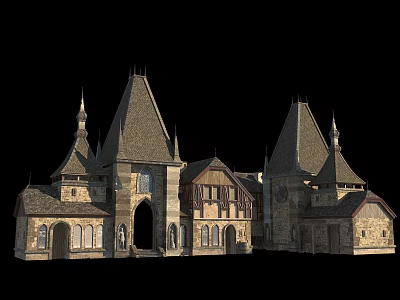 Ancient Architecture Featuring Multiple Spires Stone Wooden Structure And Arched Doorways 3d model