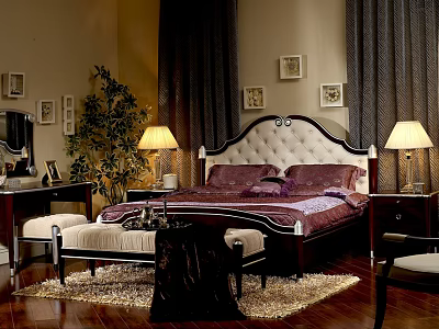 Classic Bedroom Interior with Double Bed White Tufted Headboard Purple Bedding Nightstands and Table Lamps 3d model