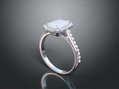 Elegant Silver Ring Featuring Square Gemstone And Small Diamonds On Beaded Band 3d model