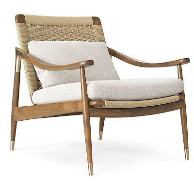 Modern Accent Chair With Woven Rattan Back Wooden Armrest Cushioned Seat And Metal Legs 3d model