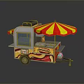 Colorful Hot Dog Cart With Red Yellow Striped Umbrella And Flame Design