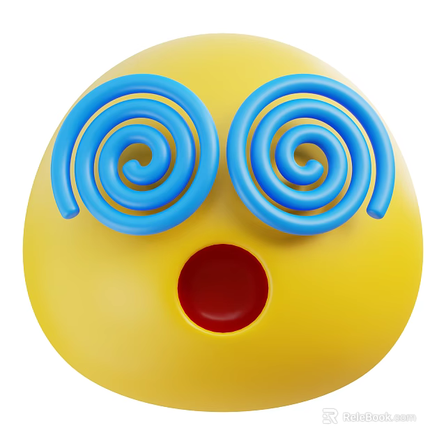 Yellow Round Emoji Face With Blue Spiral Eyes And Red Mouth Design 3d model 