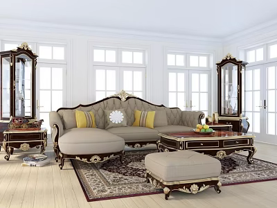 Ornate Classic Sofa and Coffee Table Set with Side Cabinets Rug and Windows Interior 3d model