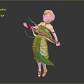 Mythical Elven Character With Golden Hair In Teal Outfit Holding Bow And Purple Arrow