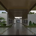 Modern Elevator Lobby Design With Wooden Beams Spacious Walkway And Green Plants