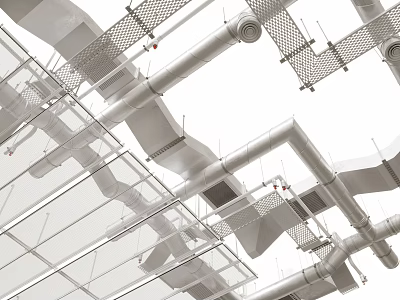 Industrial Style Ceiling Design With White Pipes Metal Grids And Transparent Glass Structures 3d model