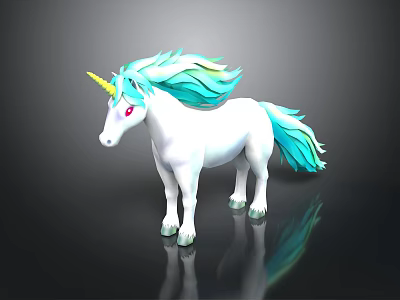 White Unicorn With Turquoise Mane Tail And Yellow Horn Red Eyes On Black Background 3d model