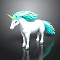 White Unicorn With Turquoise Mane Tail And Yellow Horn Red Eyes On Black Background