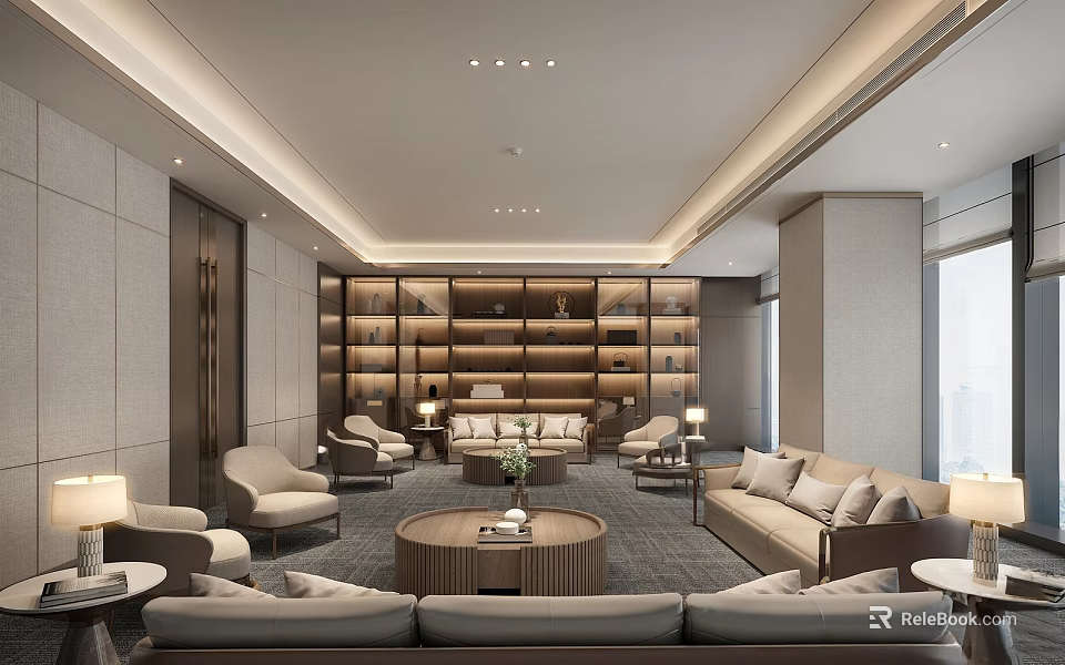 Modern Hotel Public Lounge Area With Comfortable Sofas Coffee Tables And Bookshelves 3d model 