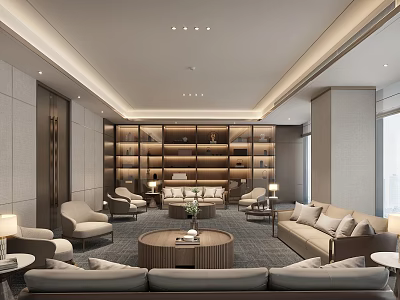 Modern Hotel Public Lounge Area With Comfortable Sofas Coffee Tables And Bookshelves 3d model