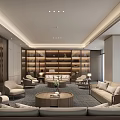 Modern Hotel Public Lounge Area With Comfortable Sofas Coffee Tables And Bookshelves