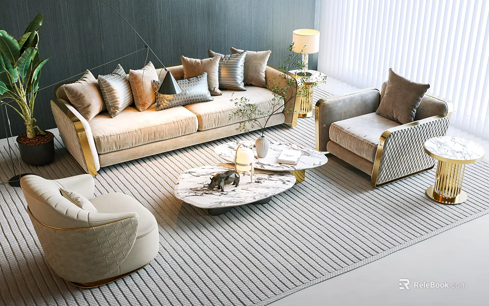 Elegant Modern Sofa and Coffee Table Set With Decorative Pillows Area Rug and Armchair 3d model 