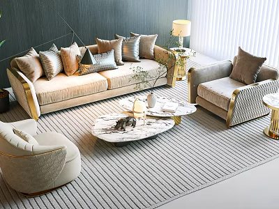 Elegant Modern Sofa and Coffee Table Set With Decorative Pillows Area Rug and Armchair 3d model