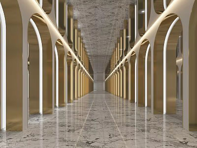 Modern Elevator Hallway With Gold Arched Columns Marble Floor And Lighting 3d model