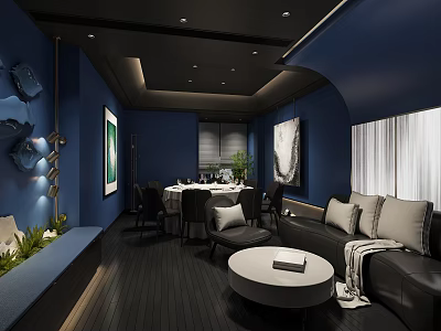 Elegant Private Room With Blue Walls Dark Ceiling Dining Table Sofa And Decorative Paintings 3d model