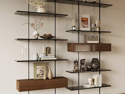 Modern Shelving Unit with Wood and Metal Design Decorative Items Photo Frames Vases and Books 3d model