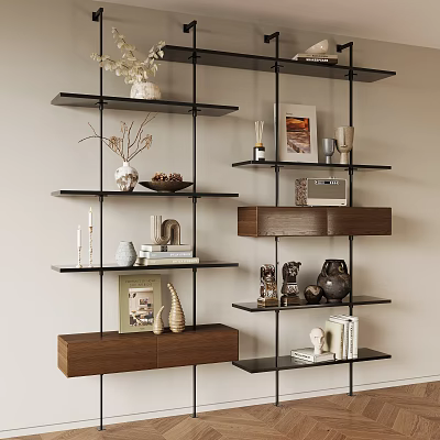 Modern Shelving Unit with Wood and Metal Design Decorative Items Photo Frames Vases and Books 3d model