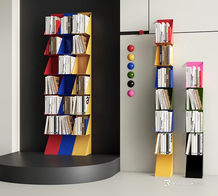Colorful Multilayer Bookcase With Vibrant Layers Filled With Books And Decorative Balls 3d model 