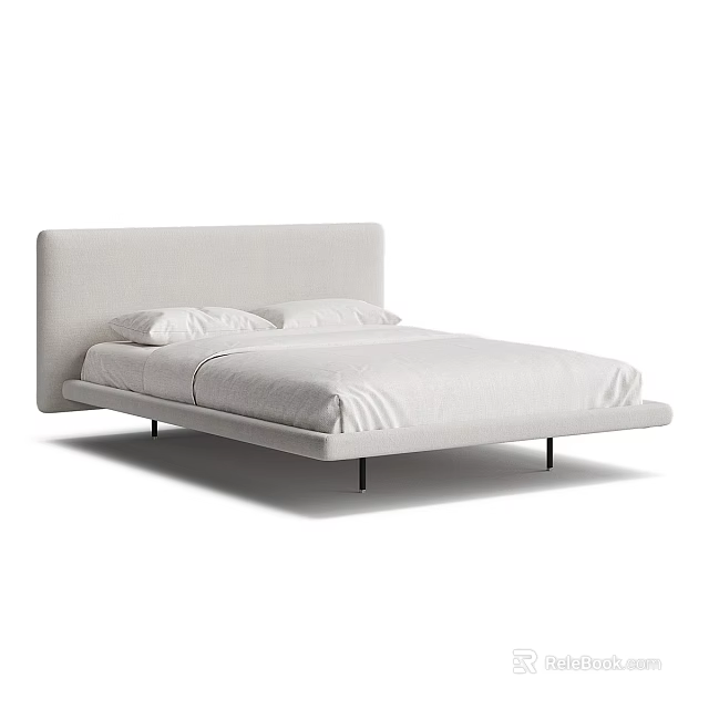 Modern Minimalist Double Bed With Upholstered Light Gray Headboard White Bedding And Black Legs 3d model 