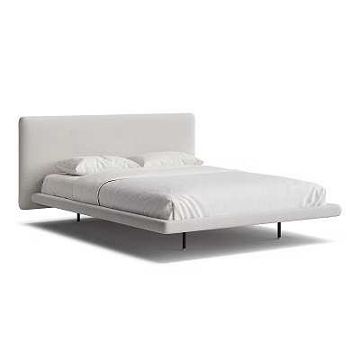 Modern Minimalist Double Bed With Upholstered Light Gray Headboard White Bedding And Black Legs 3d model