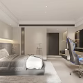 Hotel Guest Room With Comfortable Bed Checkered Headboard Background Soft Lighting Gray Bench And Rug