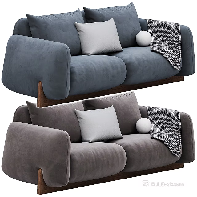 Modern Blue And Gray Two Seater Sofa With Velvet Cushions Round Pillow And Throw Blanket 3d model 