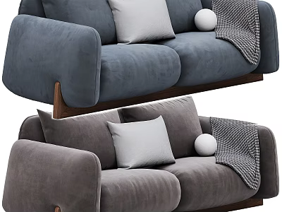Modern Blue And Gray Two Seater Sofa With Velvet Cushions Round Pillow And Throw Blanket 3d model