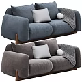 Modern Blue And Gray Two Seater Sofa With Velvet Cushions Round Pillow And Throw Blanket