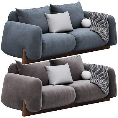 Modern Blue And Gray Two Seater Sofa With Velvet Cushions Round Pillow And Throw Blanket 3d model
