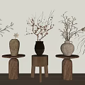 Minimalist Interior With Various Colored Ceramic Vases Holding Dried Branches On Wooden Stools
