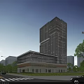 Modern Office Building Exterior with Glass Curtain Wall Greenery and Urban Road View 3d model